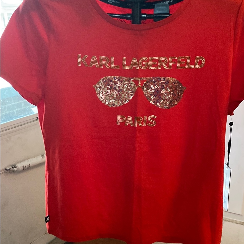Karl Lagerfeld Red Short Sleeve Tee with Sparkly Sunglasses